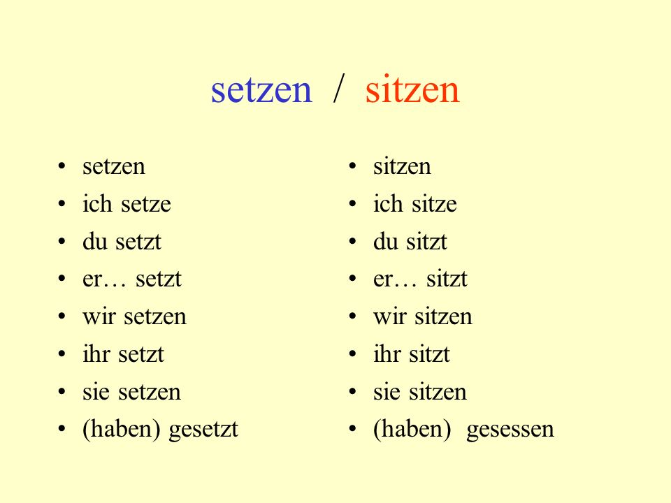 setzen / sitzen setzen ich setze du setzt er… setzt wir setzen