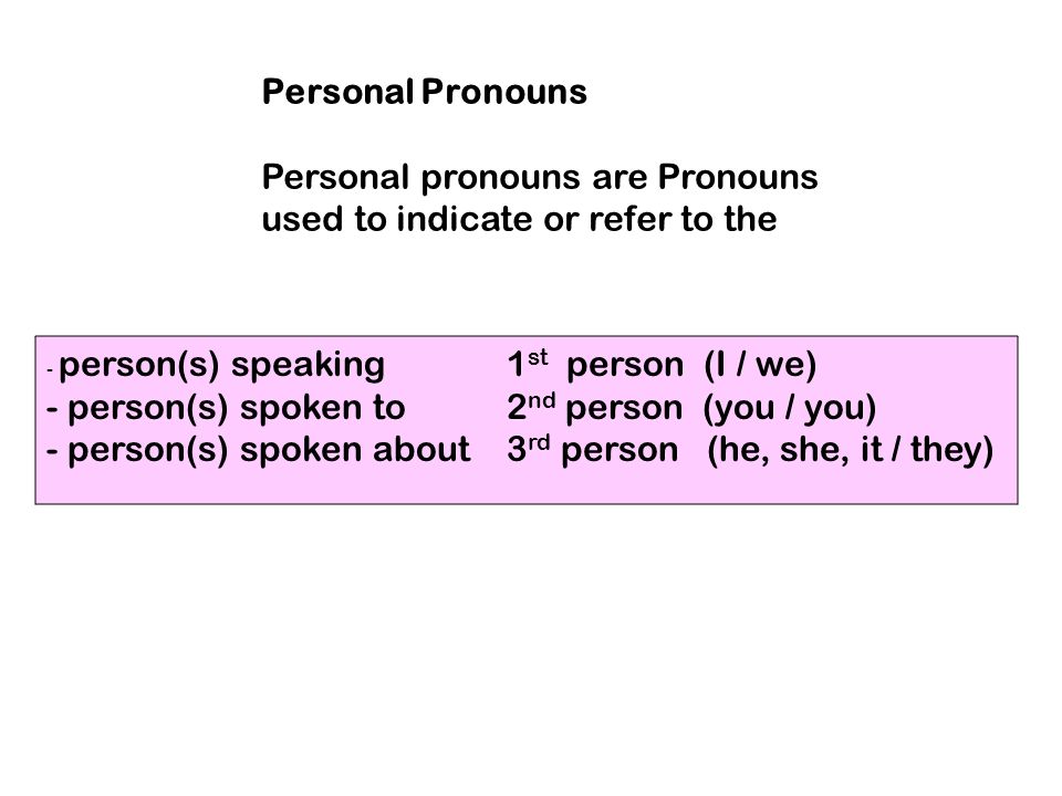 Personal pronouns are Pronouns used to indicate or refer to the