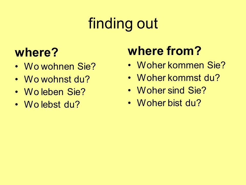 finding out where where from Wo wohnen Sie Woher kommen Sie