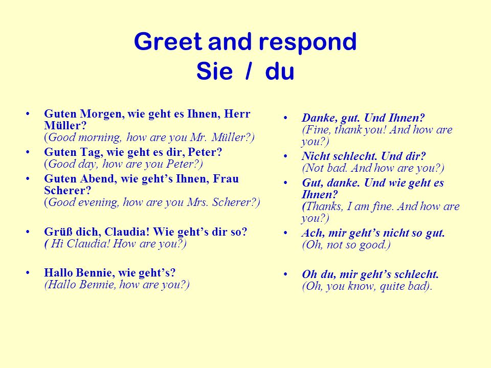 Greet and respond Sie / du
