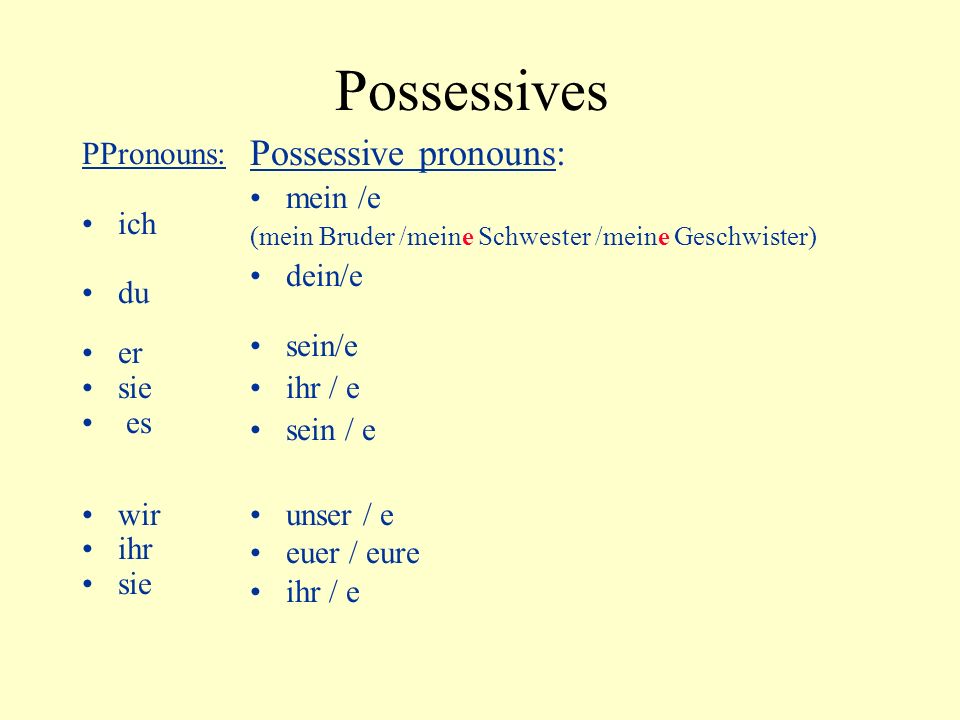 Possessives Possessive pronouns: PPronouns: mein /e ich dein/e du