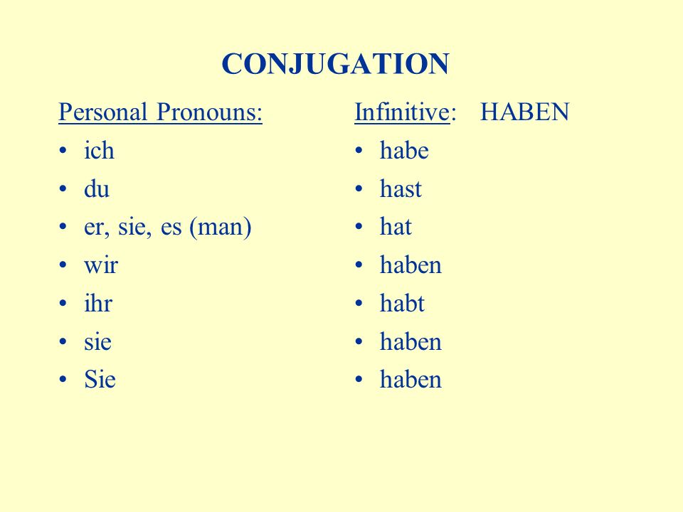 CONJUGATION Personal Pronouns: ich du er, sie, es (man) wir ihr sie