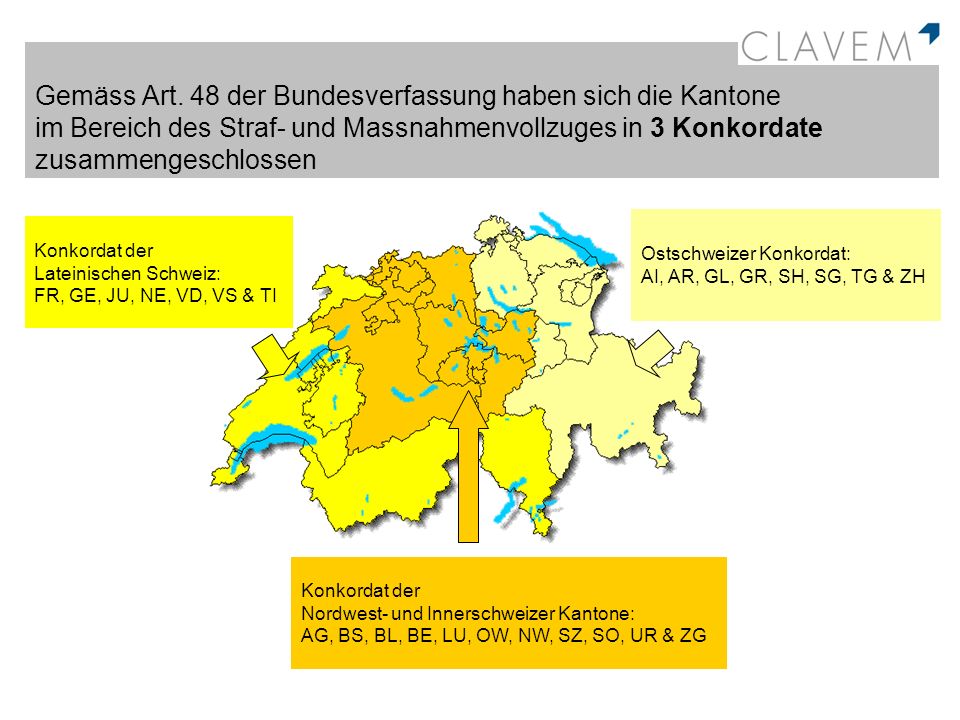 Gemäss Art. 48 der Bundesverfassung haben sich die Kantone im Bereich des Straf- und Massnahmenvollzuges in 3 Konkordate zusammengeschlossen