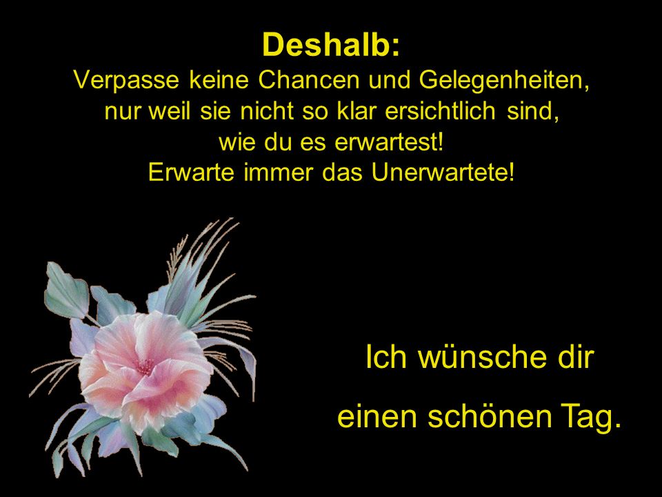 Deshalb: Verpasse keine Chancen und Gelegenheiten, nur weil sie nicht so klar ersichtlich sind, wie du es erwartest! Erwarte immer das Unerwartete!