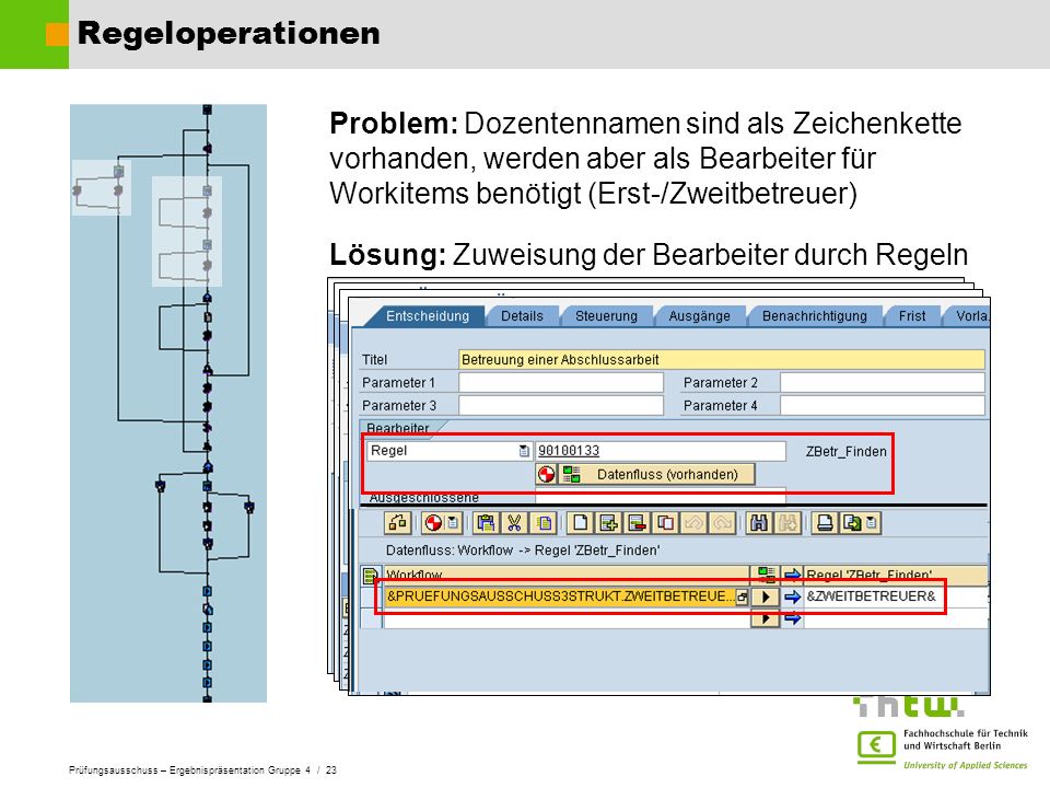 Regeloperationen Problem: Dozentennamen sind als Zeichenkette vorhanden, werden aber als Bearbeiter für Workitems benötigt (Erst-/Zweitbetreuer)