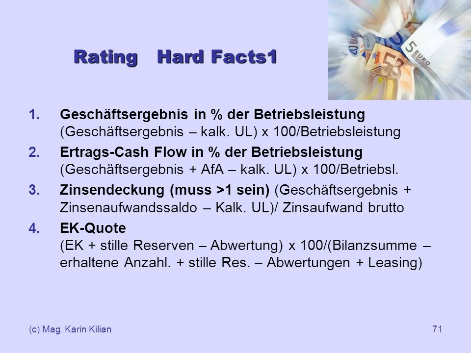 Rating Hard Facts1 Geschäftsergebnis in % der Betriebsleistung (Geschäftsergebnis – kalk. UL) x 100/Betriebsleistung.
