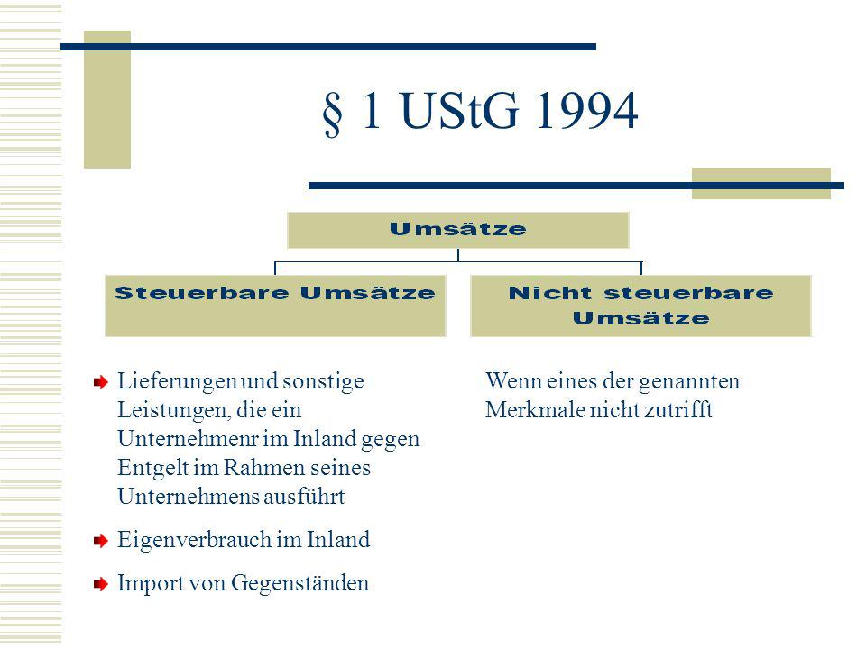 § 1 UStG 1994 Lieferungen und sonstige Leistungen, die ein Unternehmenr im Inland gegen Entgelt im Rahmen seines Unternehmens ausführt.