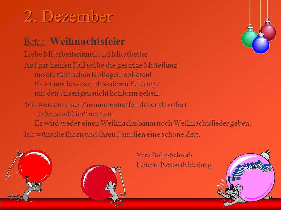 2. Dezember Betr.: Weihnachtsfeier