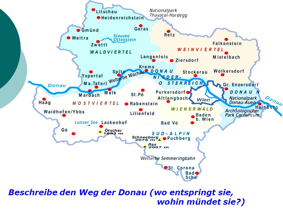 Beschreibe den Weg der Donau (wo entspringt sie,
