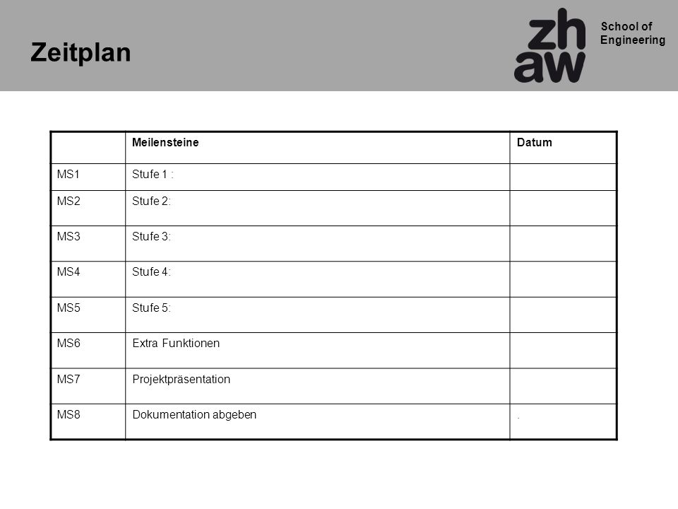 Zeitplan Meilensteine Datum MS1 Stufe 1 : MS2 Stufe 2: MS3 Stufe 3: