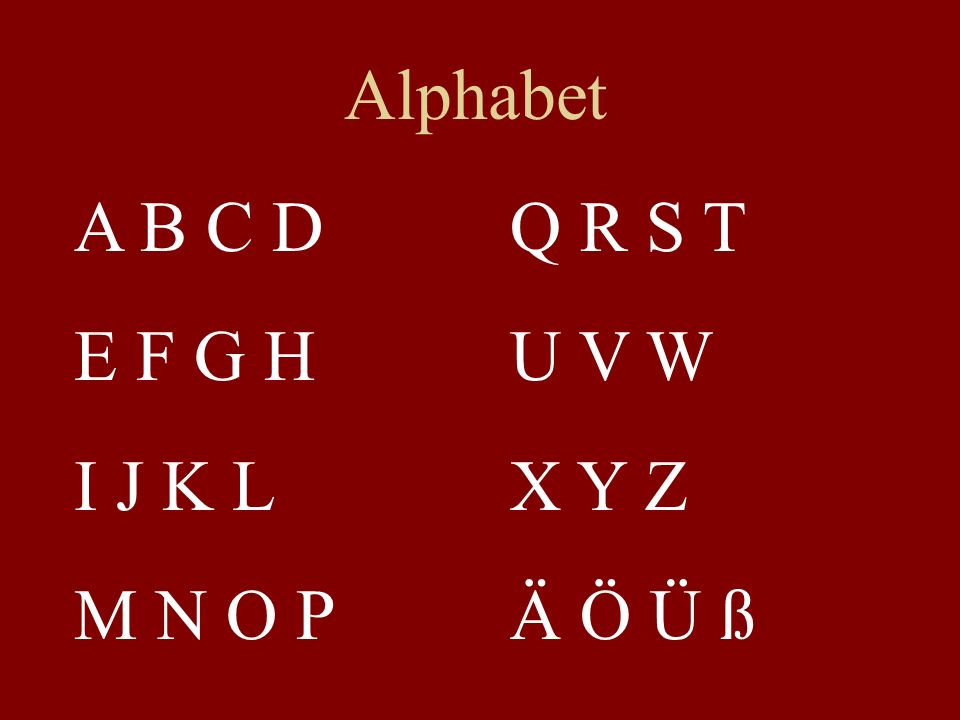Alphabet A B C D E F G H I J K L M N O P Q R S T U V W X Y Z Ä Ö Ü ß