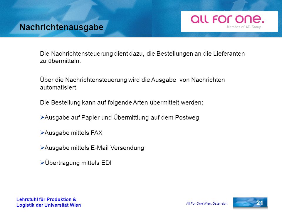 Nachrichtenausgabe Die Nachrichtensteuerung dient dazu, die Bestellungen an die Lieferanten zu übermitteln.