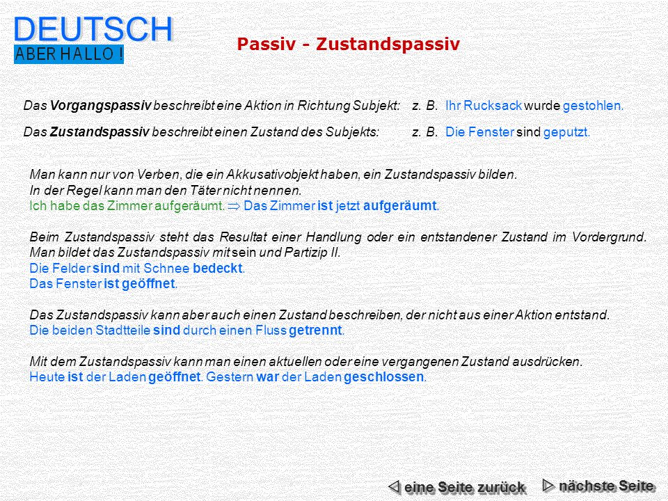 DEUTSCH Passiv - Zustandspassiv  eine Seite zurück  nächste Seite