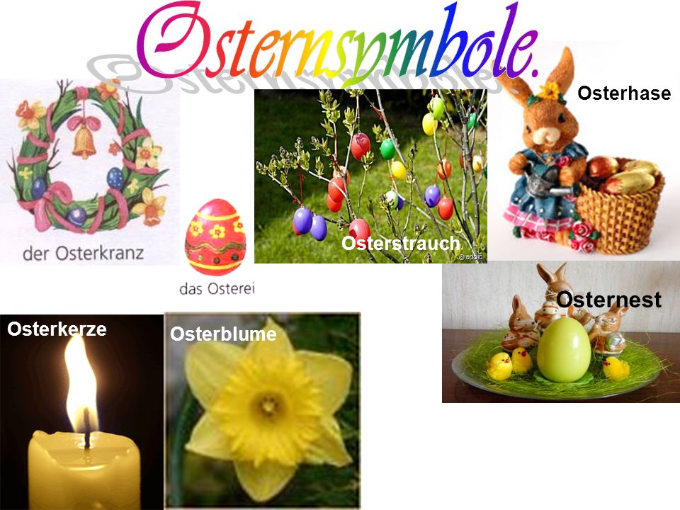 Osternsymbole. Osterhase Osterstrauch Osternest Osterkerze Osterblume