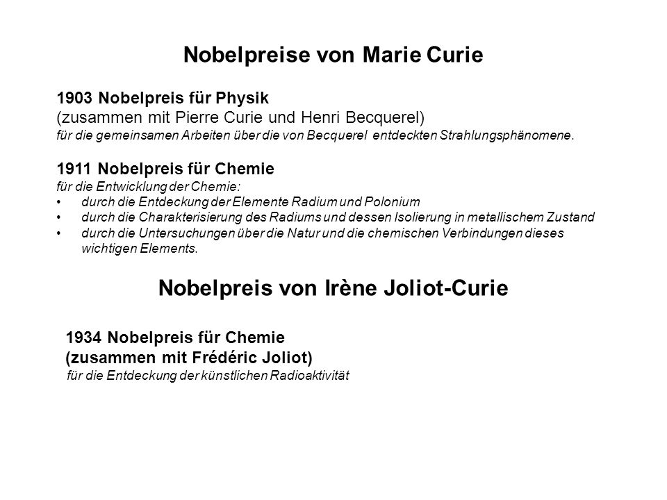 Nobelpreise von Marie Curie Nobelpreis von Irène Joliot-Curie
