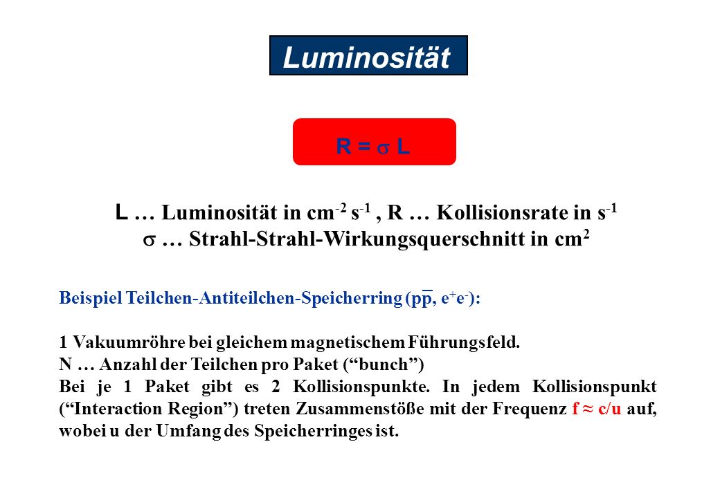 Luminosität L … Luminosität in cm-2 s-1 , R … Kollisionsrate in s-1. s … Strahl-Strahl-Wirkungsquerschnitt in cm2.