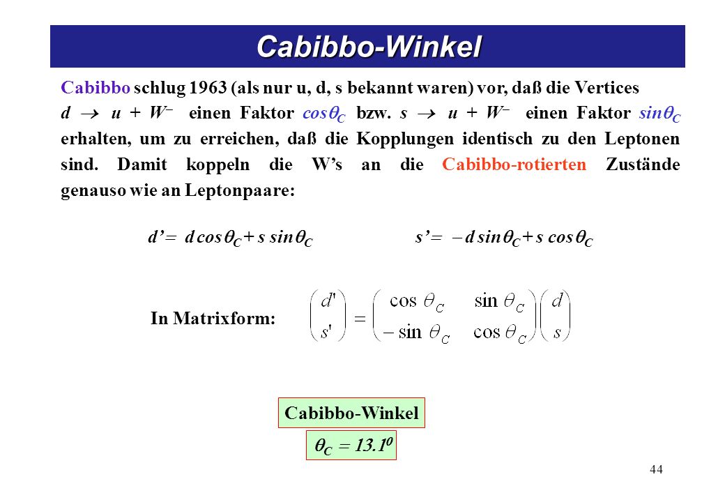 Cabibbo-Theorie u d W- cosC s sinC nl W± l