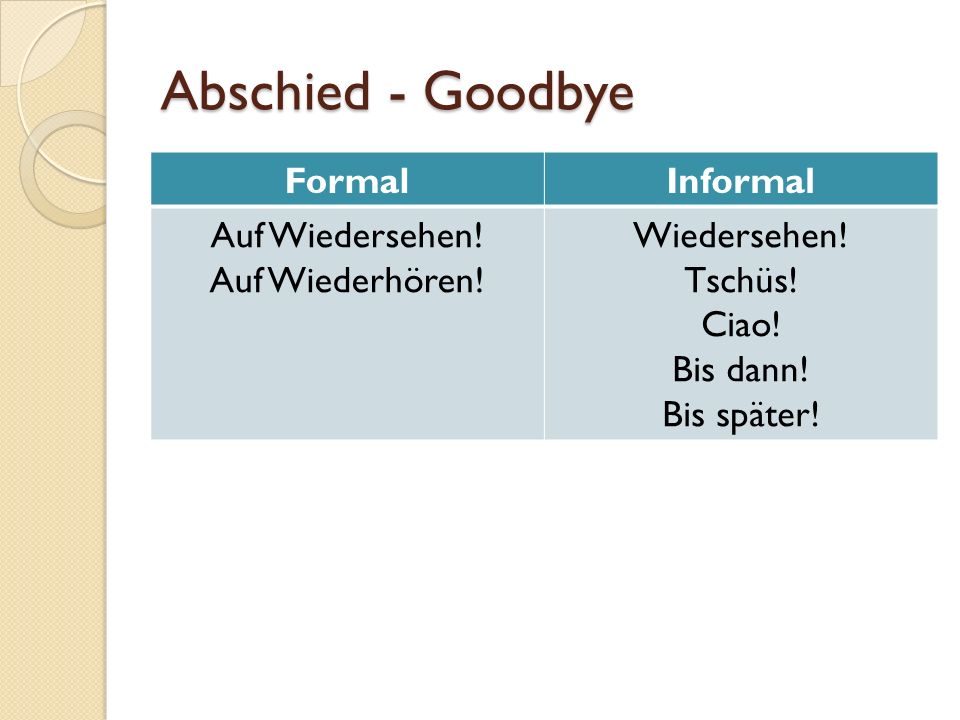 Abschied - Goodbye Formal Informal Auf Wiedersehen! Auf Wiederhören!
