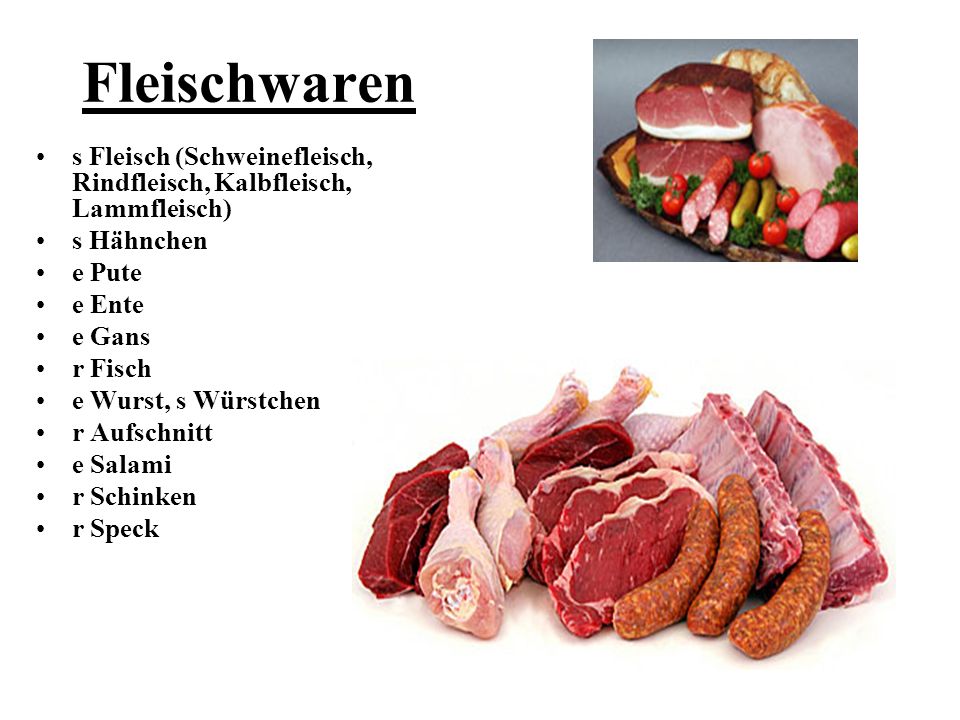 Fleischwaren s Fleisch (Schweinefleisch, Rindfleisch, Kalbfleisch, Lammfleisch) s Hähnchen. e Pute.