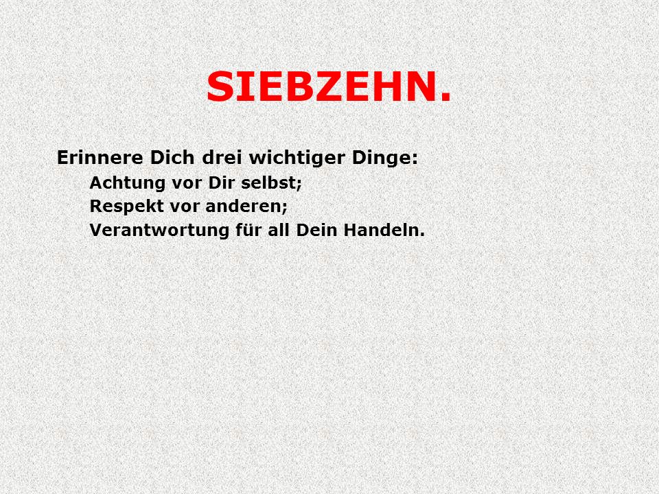 SIEBZEHN. Erinnere Dich drei wichtiger Dinge: Achtung vor Dir selbst;