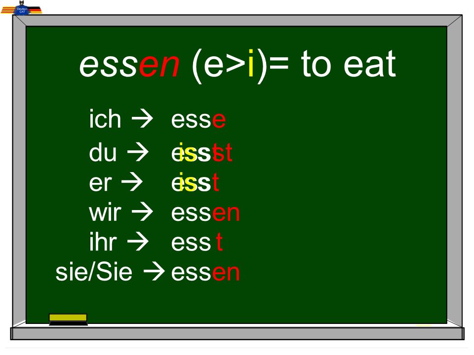 essen (e>i)= to eat ich  ess e du  ess iss t st er  ess iss t