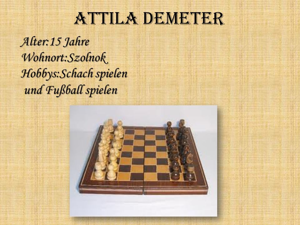 Attila Demeter Alter:15 Jahre Wohnort:Szolnok Hobbys:Schach spielen und Fußball spielen