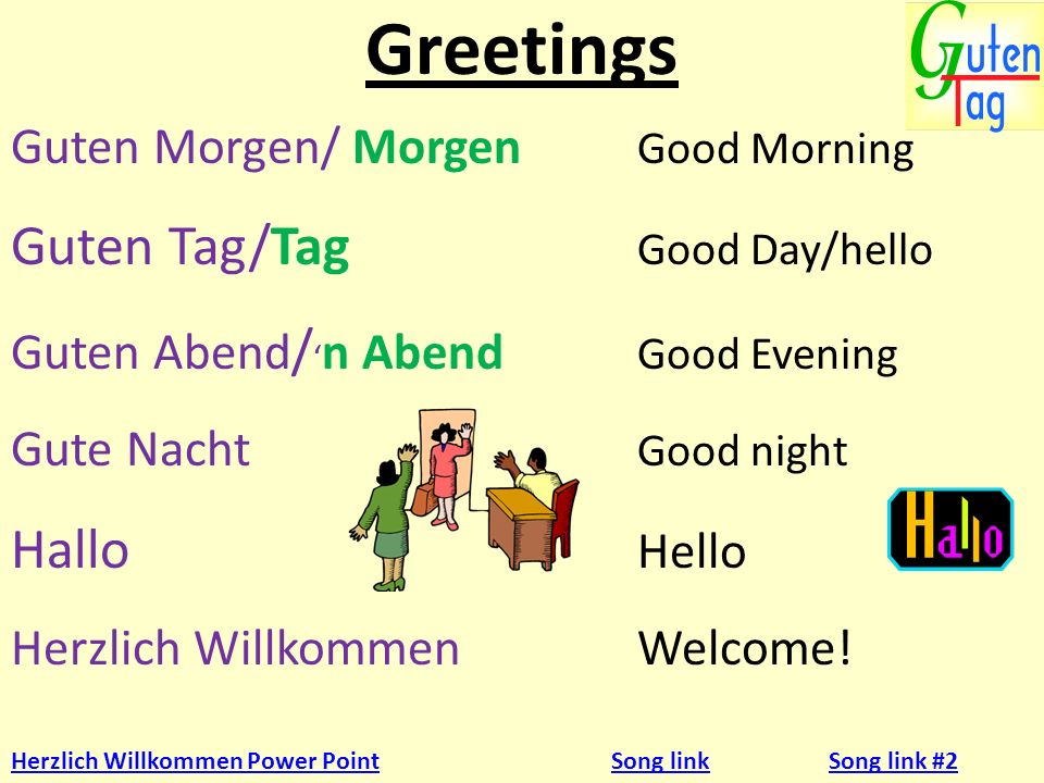 Greetings Guten Tag/Tag Good Day/hello Hallo Hello