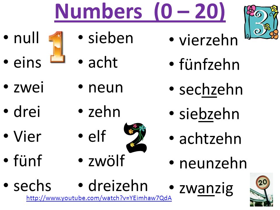Numbers (0 – 20) null eins zwei drei Vier fünf sechs sieben acht neun
