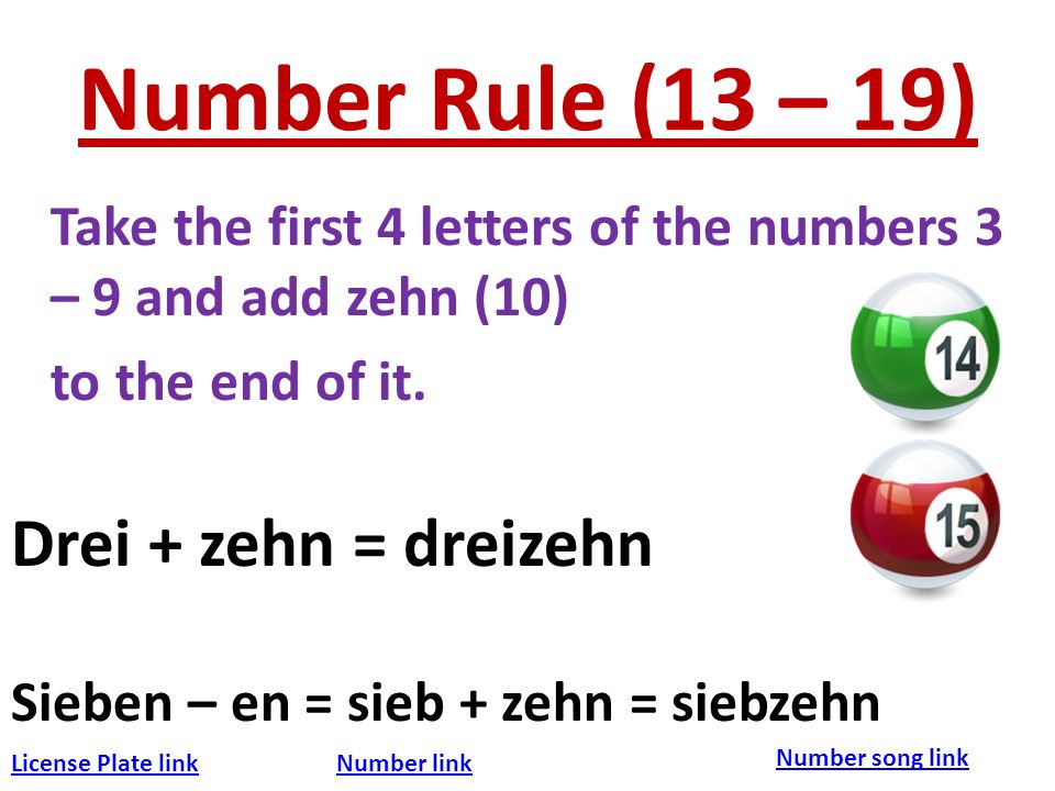 Number Rule (13 – 19) Drei + zehn = dreizehn