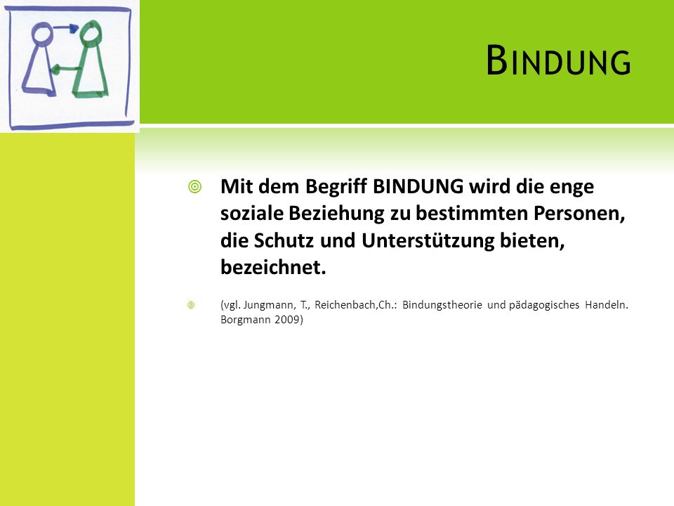 Bindung Mit dem Begriff BINDUNG wird die enge soziale Beziehung zu bestimmten Personen, die Schutz und Unterstützung bieten, bezeichnet.