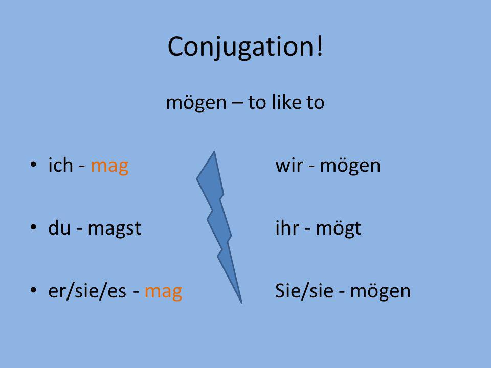 Conjugation! mögen – to like to ich - mag wir - mögen