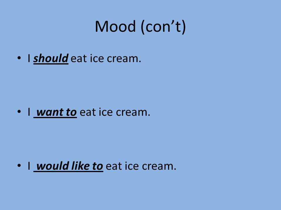 Mood (con’t) I should eat ice cream. I want to eat ice cream.