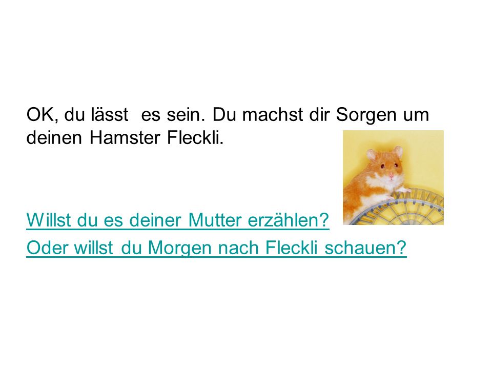 OK, du lässt es sein. Du machst dir Sorgen um deinen Hamster Fleckli