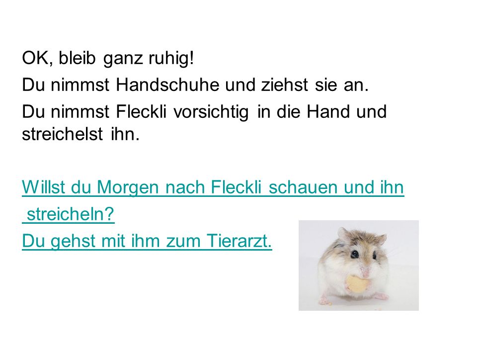 OK, bleib ganz ruhig! Du nimmst Handschuhe und ziehst sie an. Du nimmst Fleckli vorsichtig in die Hand und streichelst ihn.