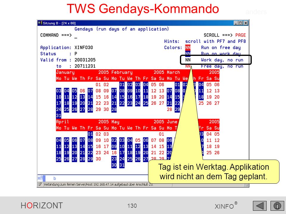 Tag ist ein Werktag. Applikation wird nicht an dem Tag geplant.
