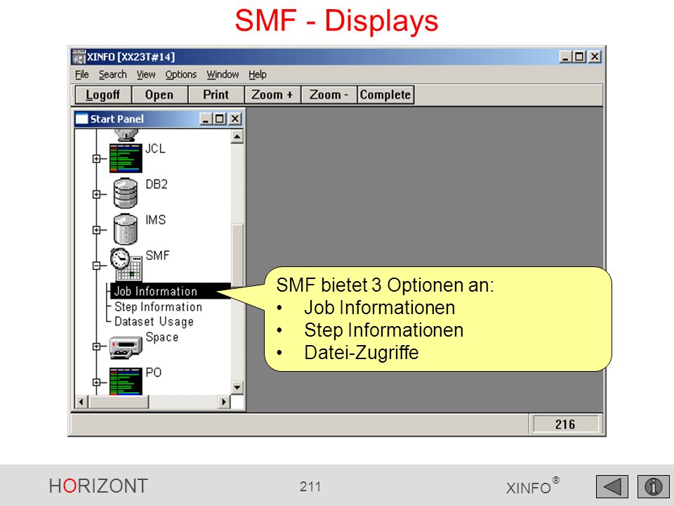 SMF - Displays SMF bietet 3 Optionen an: Job Informationen