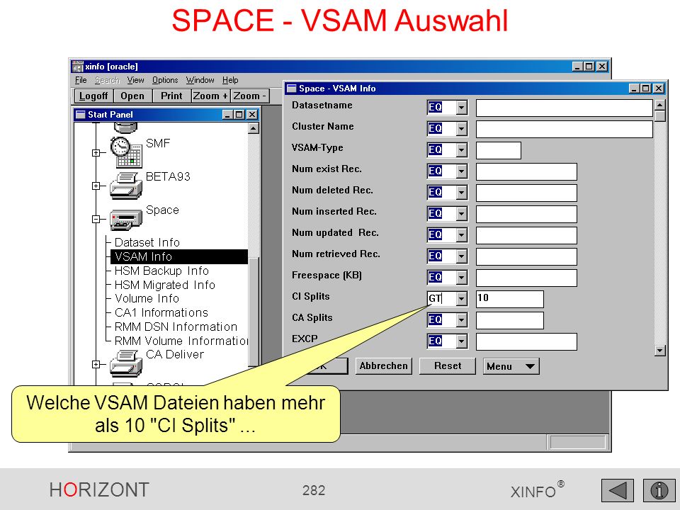 Welche VSAM Dateien haben mehr als 10 CI Splits ...