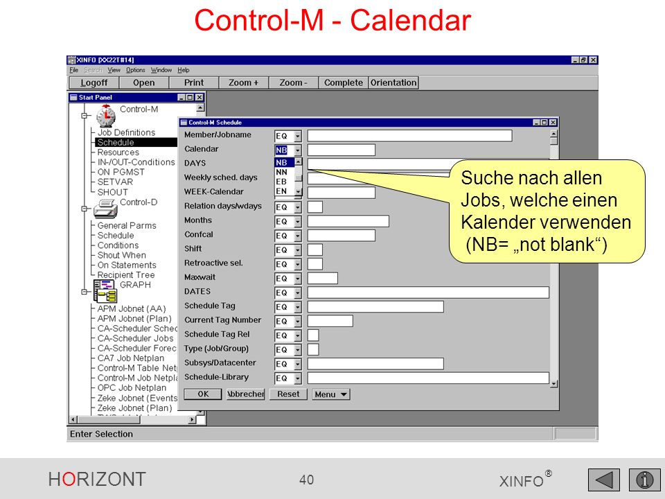 Control-M - Calendar Suche nach allen Jobs, welche einen Kalender verwenden (NB= „not blank )