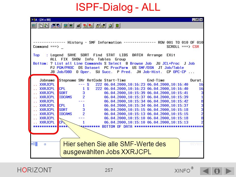 ISPF-Dialog - ALL Hier sehen Sie alle SMF-Werte des ausgewählten Jobs XXRJCPL