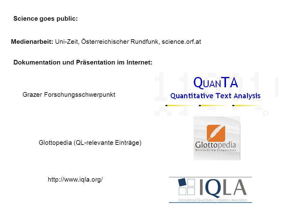 Science goes public: Medienarbeit: Uni-Zeit, Österreichischer Rundfunk, science.orf.at. Dokumentation und Präsentation im Internet: