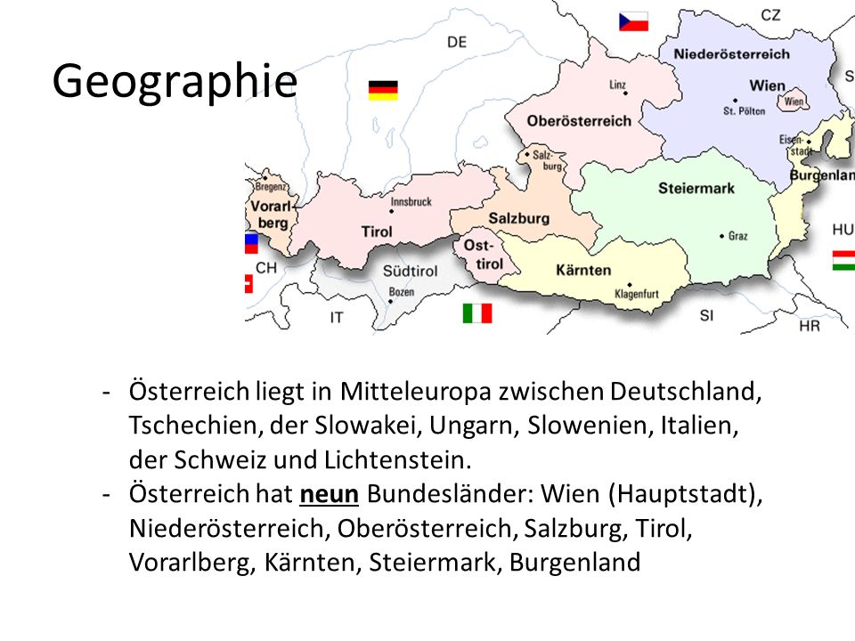 Geographie Österreich liegt in Mitteleuropa zwischen Deutschland, Tschechien, der Slowakei, Ungarn, Slowenien, Italien, der Schweiz und Lichtenstein.