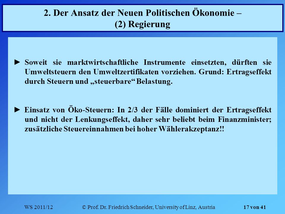 2. Der Ansatz der Neuen Politischen Ökonomie – (2) Regierung