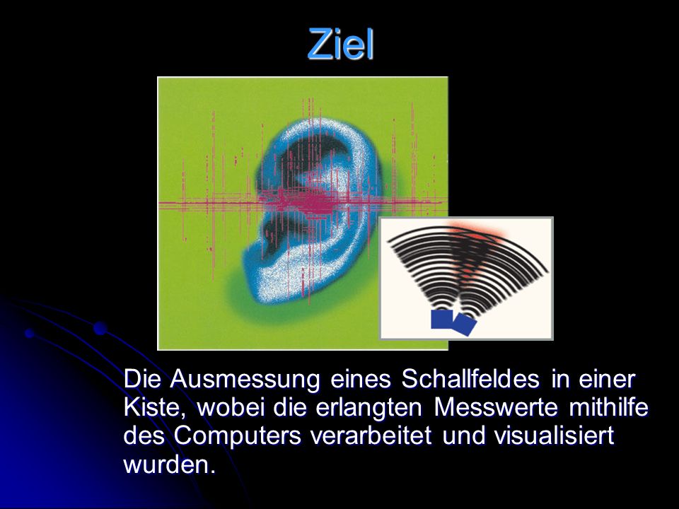 Ziel Die Ausmessung eines Schallfeldes in einer Kiste, wobei die erlangten Messwerte mithilfe des Computers verarbeitet und visualisiert wurden.