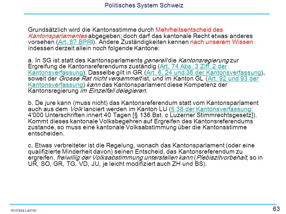 Grundsätzlich wird die Kantonsstimme durch Mehrheitsentscheid des Kantonsparlamentes abgegeben; doch darf das kantonale Recht etwas anderes vorsehen (Art.