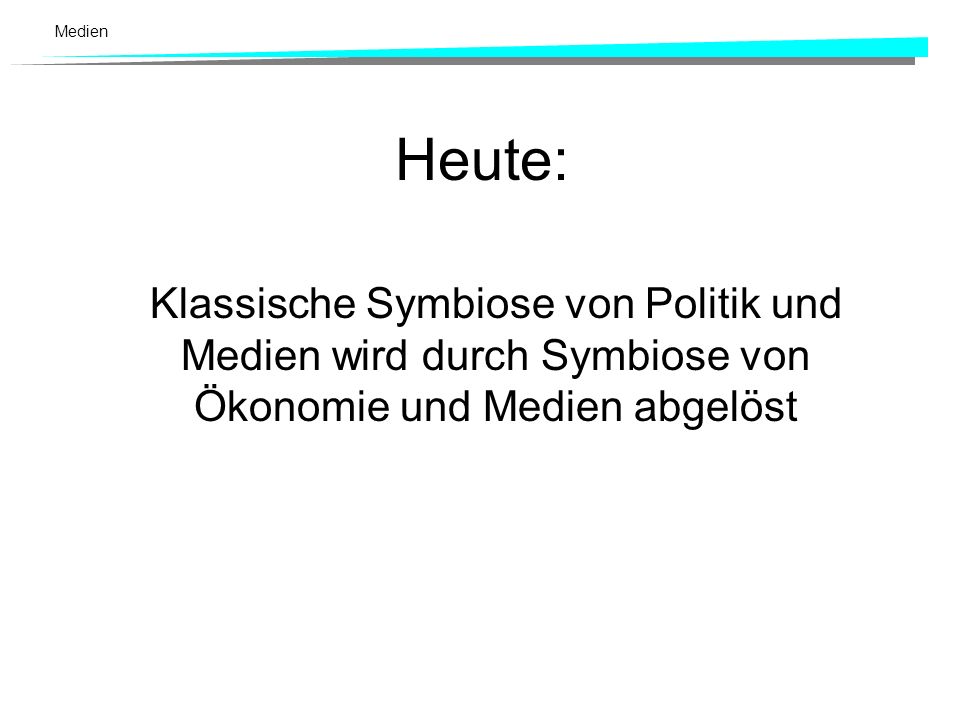 Heute: Klassische Symbiose von Politik und Medien wird durch Symbiose von Ökonomie und Medien abgelöst.