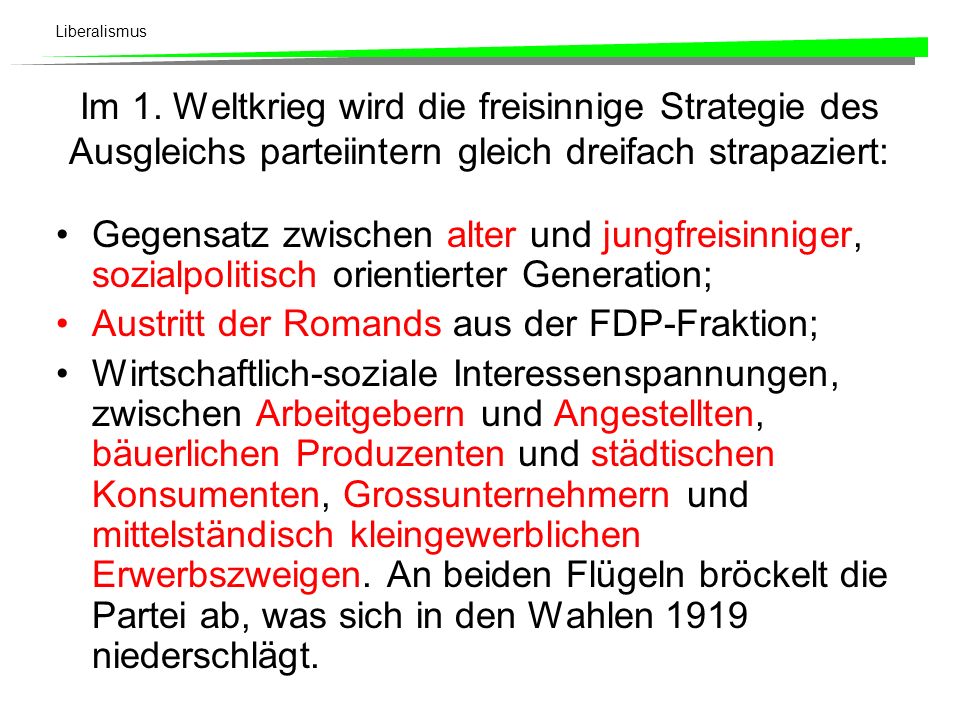Im 1. Weltkrieg wird die freisinnige Strategie des Ausgleichs parteiintern gleich dreifach strapaziert: