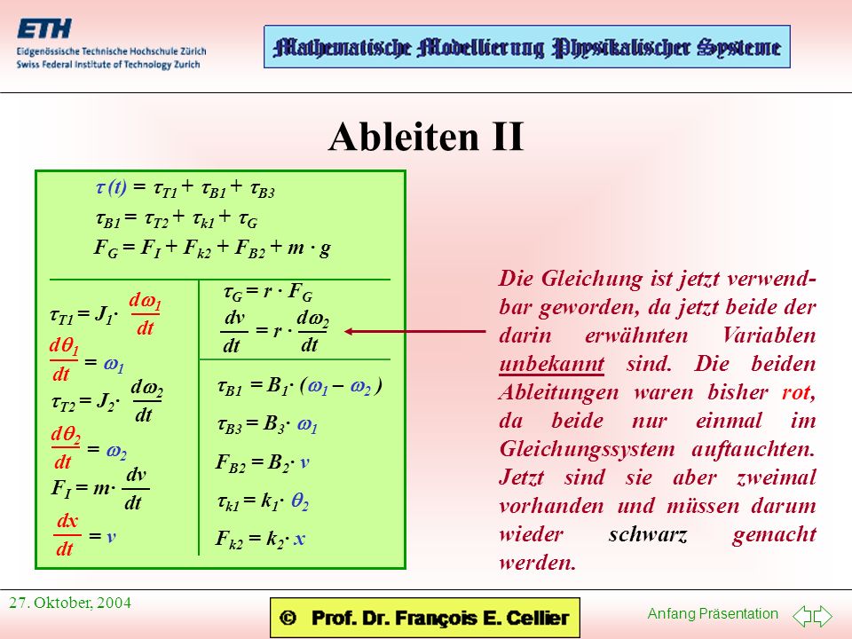 Ableiten II t (t) = tT1 + tB1 + tB3. tB1 = tT2 + tk1 + tG. FG = FI + Fk2 + FB2 + m · g. tT1 = J1·