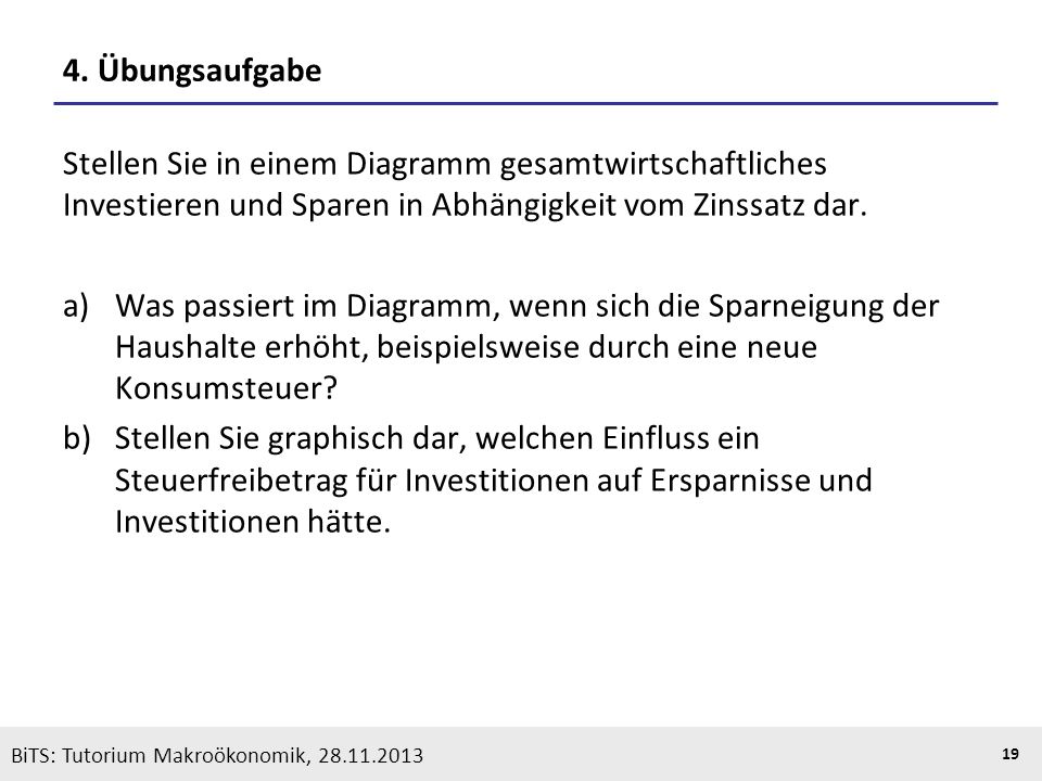 4. Übungsaufgabe Stellen Sie in einem Diagramm gesamtwirtschaftliches Investieren und Sparen in Abhängigkeit vom Zinssatz dar.