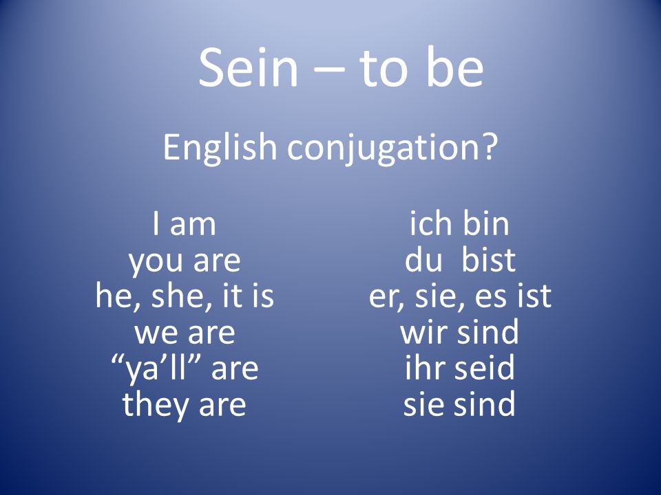 Sein – to be English conjugation I am you are he, she, it is we are