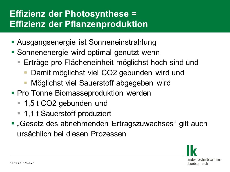 Effizienz der Photosynthese = Effizienz der Pflanzenproduktion